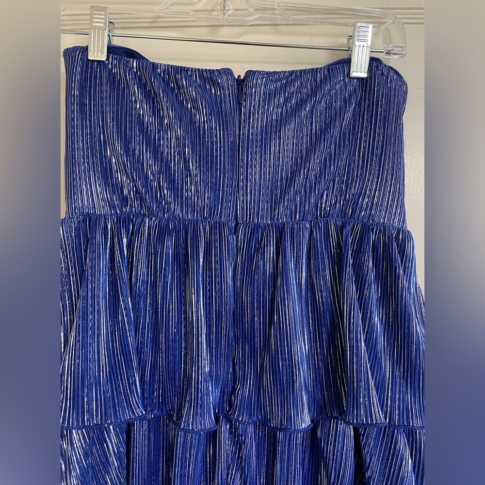 LOVERS + FRIENDS Mya Strapless Tiered Midi Dress Blue Metallic | Wedding Guest - Picture 7 of 11